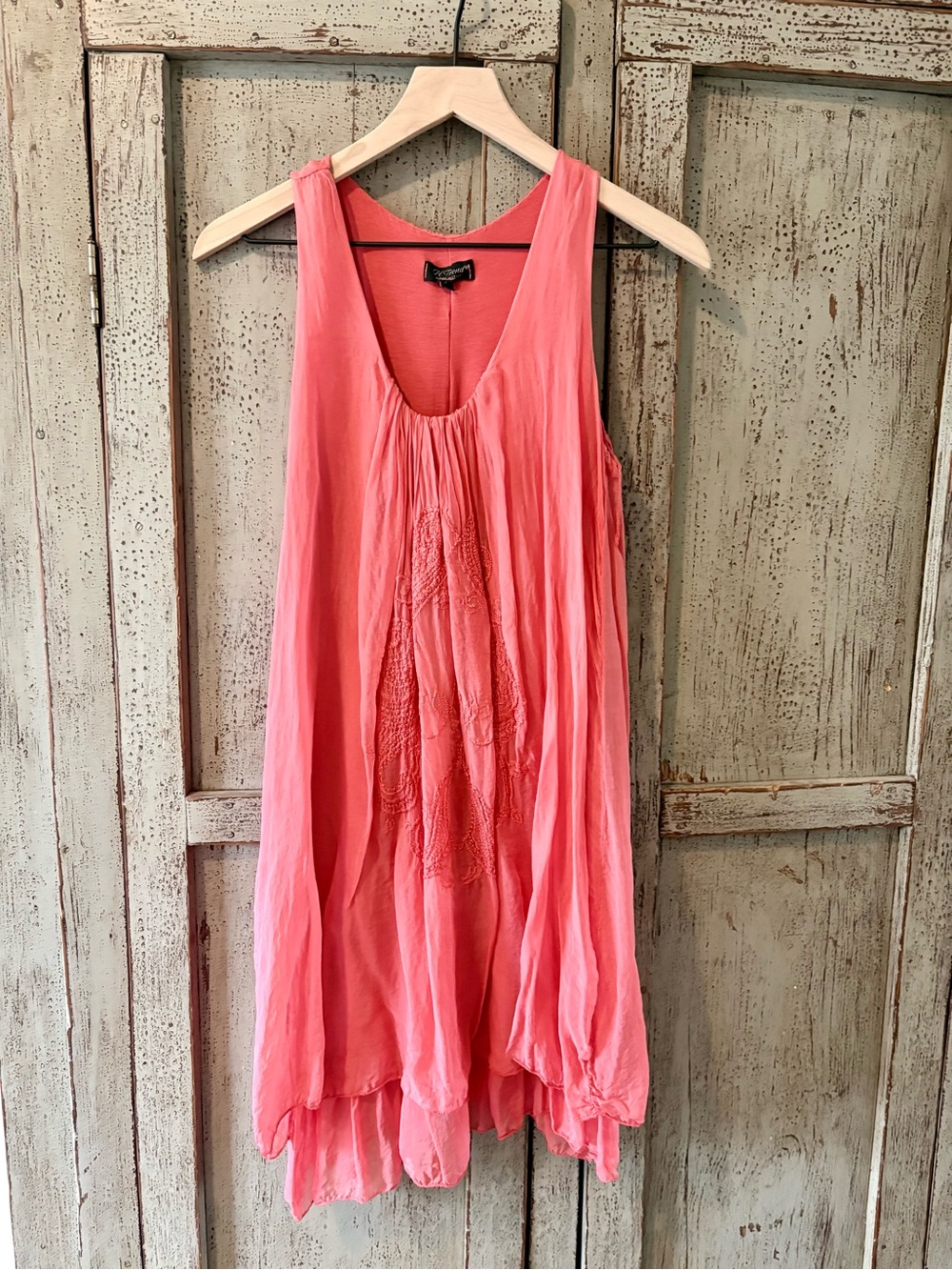 Sleeveless Silk Coral Tiered Mini Dress with Embroidered Front